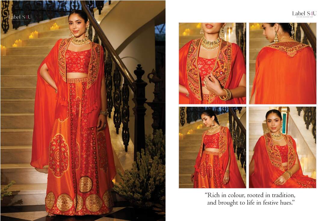Orange embroidered cape jacket with a printed palazzo
