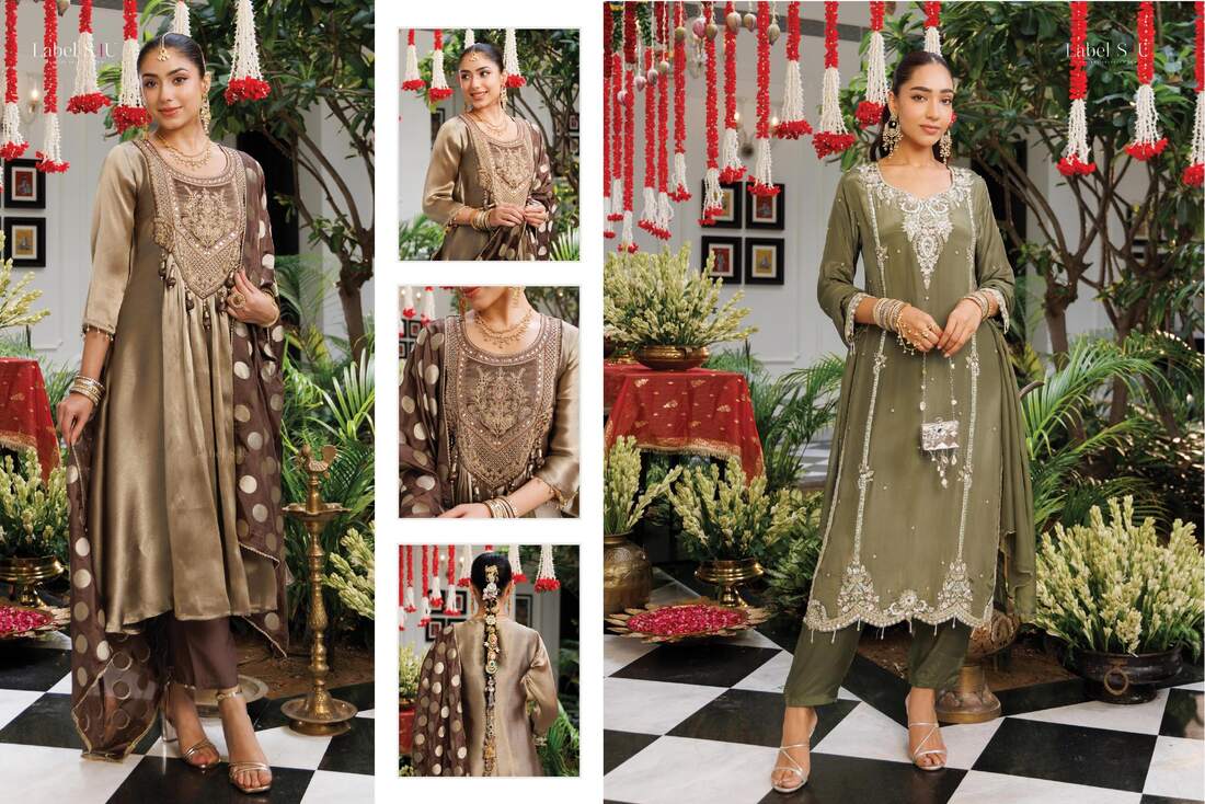 Gold-brown anarkali set and an olive embroidered suit