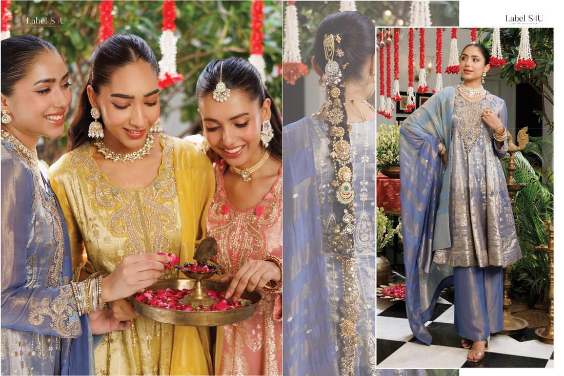 Embroidered anarkali sets in blue, mustard and coral