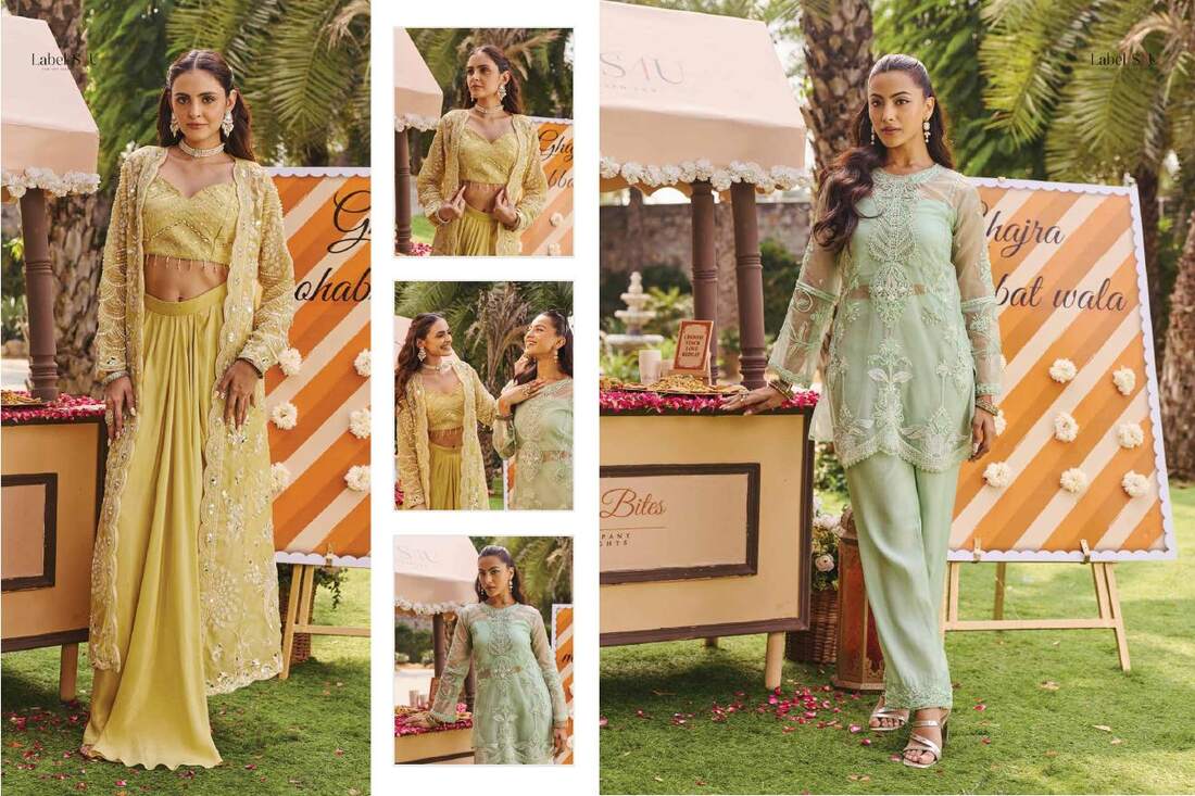A pale yellow drape set with a jacket, and a mint tunic set