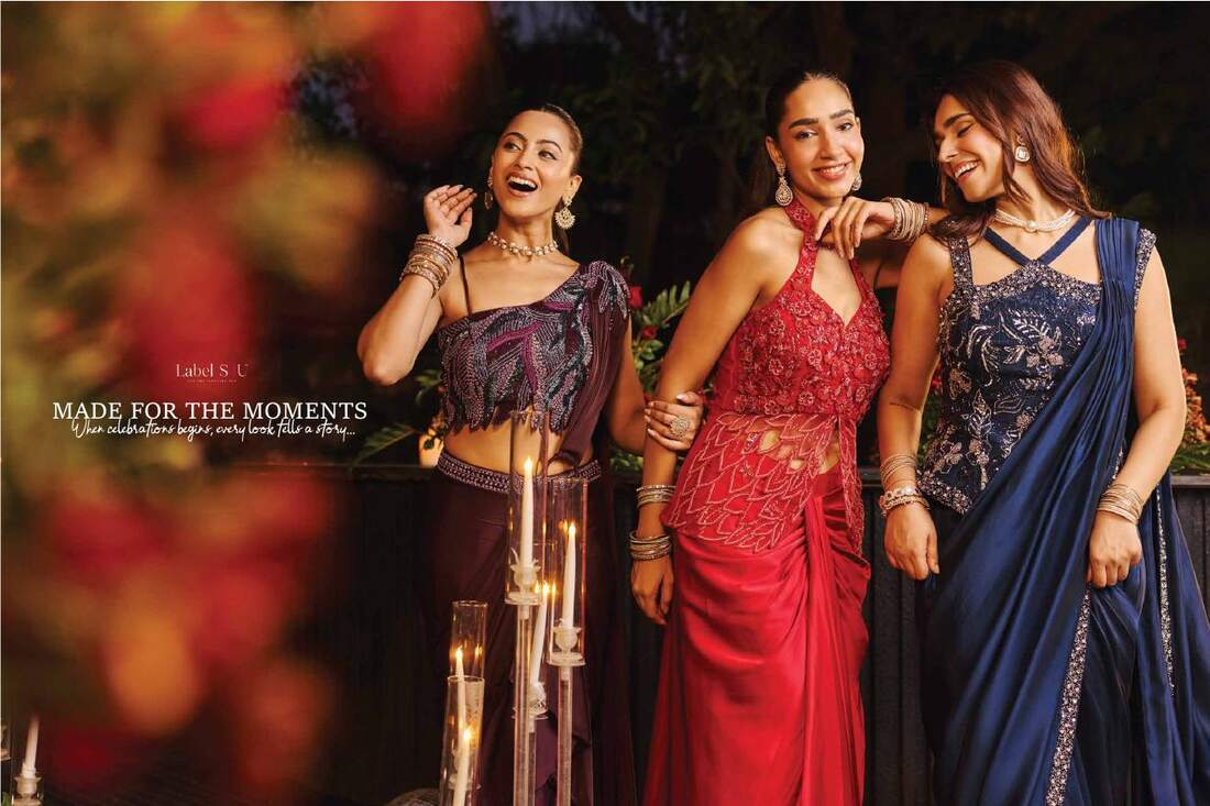 Evening drapes and saree-style sets in plum, red and navy