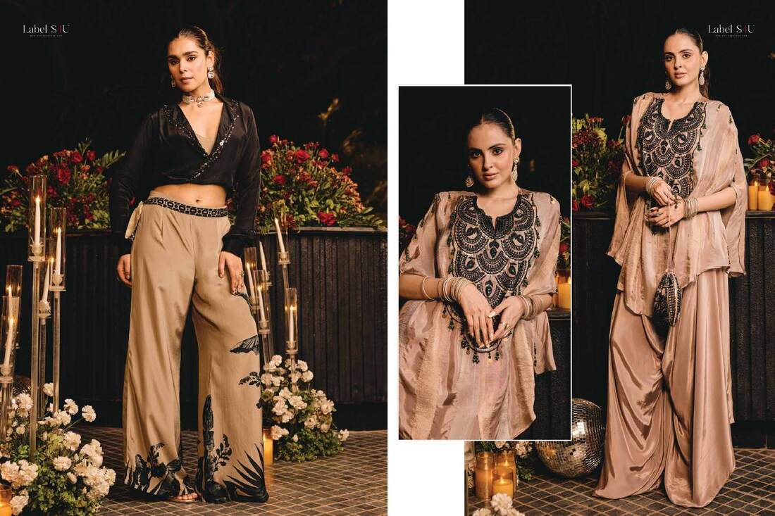 Wrap top with wide trousers, and a beaded vest with a draped sharara