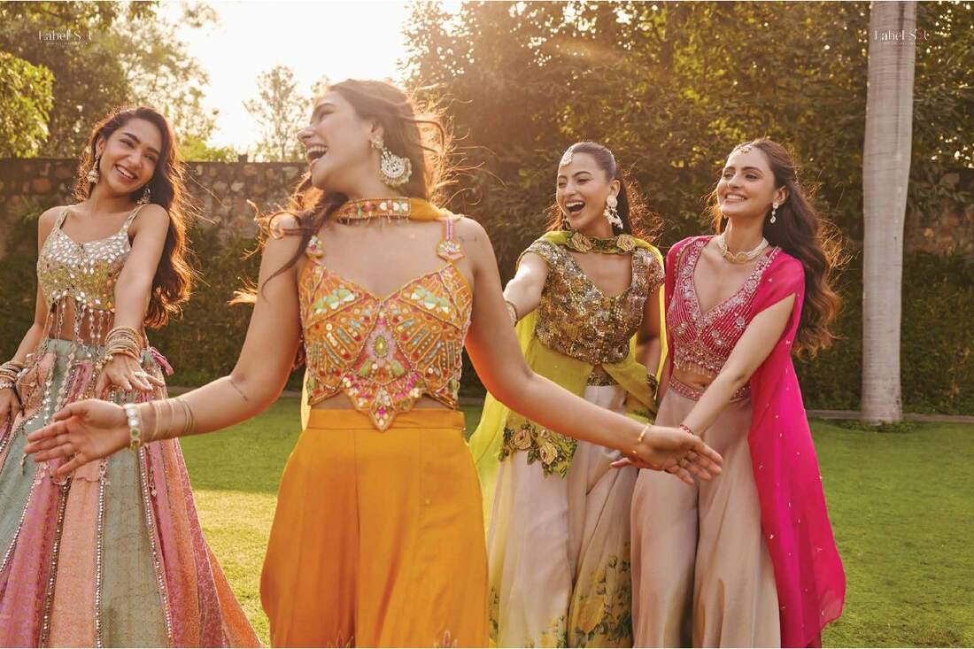 Bright festive co-ords and sharara sets in golden light